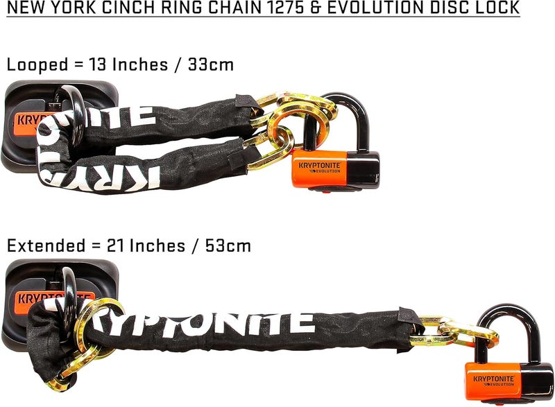 Kryptonite New York 1275 Cinch Ring Bike Chain Lock, 2.5 Feet Long Heavy Duty Anti-Theft Sold Secure Gold Motorcycle Lock with Evolution Disc Lock and Keys for Ultimate Security E-Bike, Scooter - Image 2